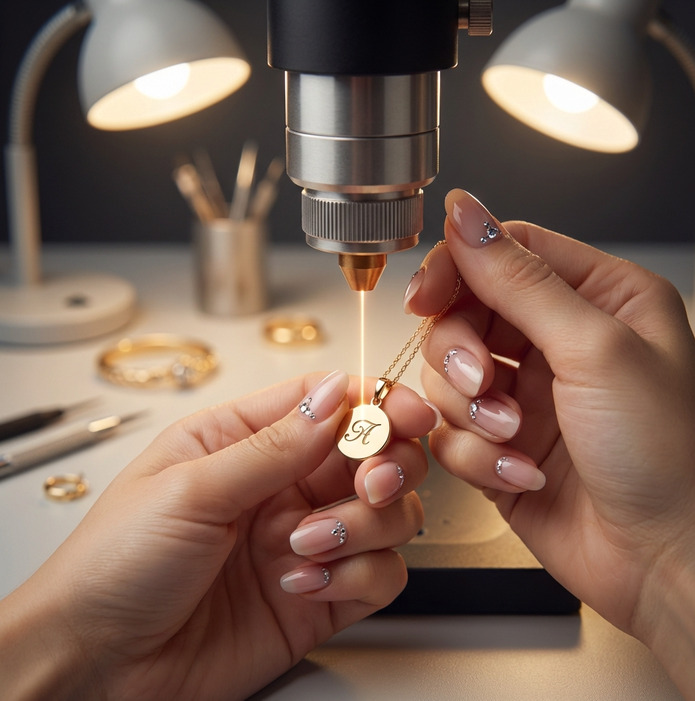Person holding a gold necklace with a letter 'A' pendant under a magnifying glass.