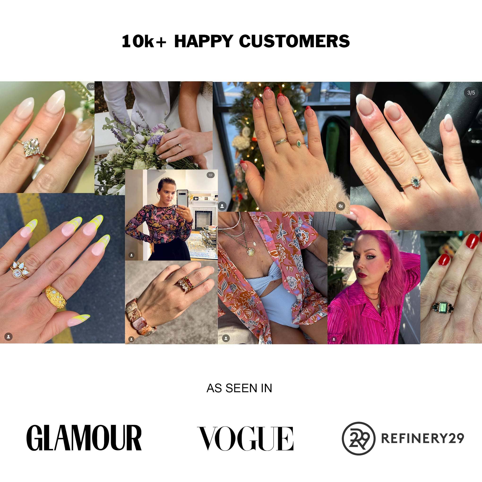 Collage of people wearing rings with text about happy customers and magazine mentions.