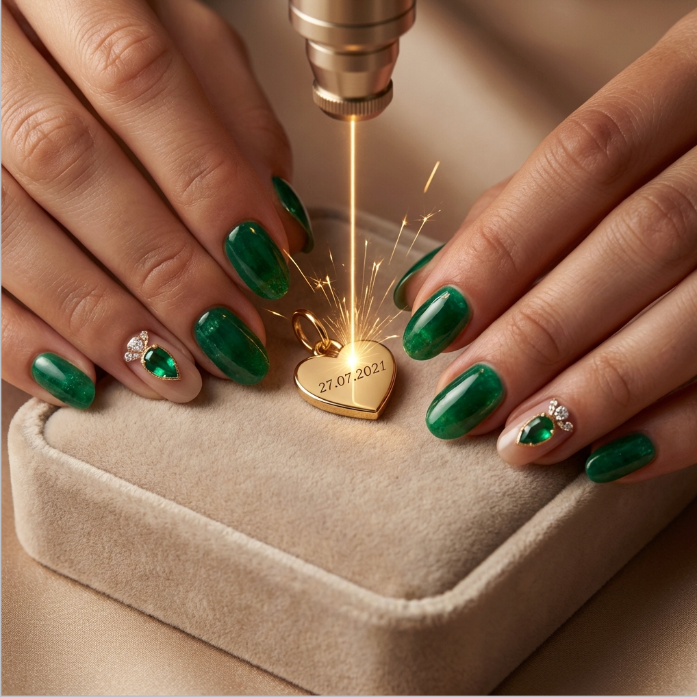 Gold heart-shaped jewelry being laser engraved, featuring green nail polish and jewels.