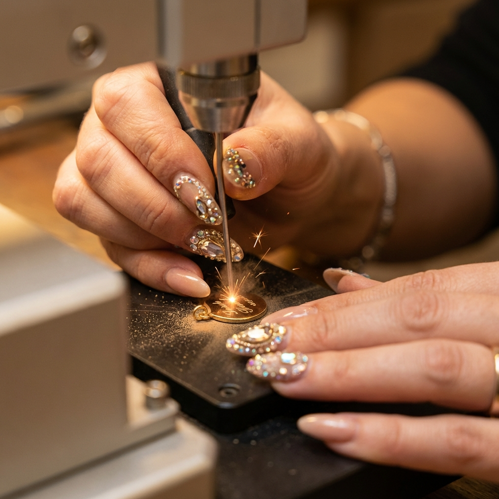 Person working on jewelry with engraving, wearing decorative nail polish.