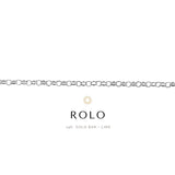 Silver chain necklace with 'ROLO' branding on a white background