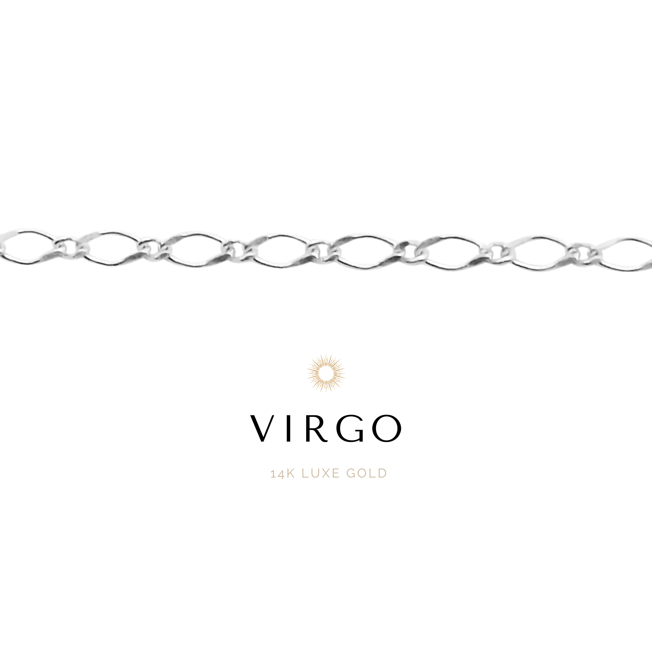 A silver bracelet with interwoven, flat lay chain design, branded with 'VIRGO' and '925 sterling silver'.